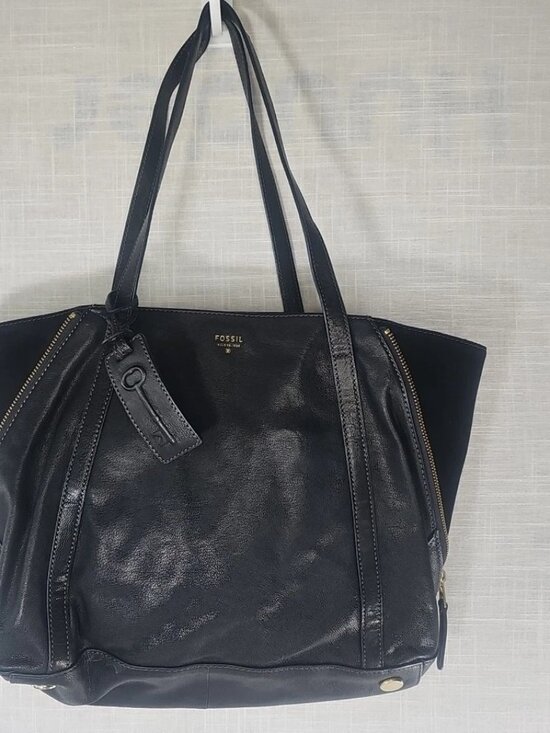 Fossil Handbags - Fossil Black Leather Suede Double Handle Gwen Shopper Tote